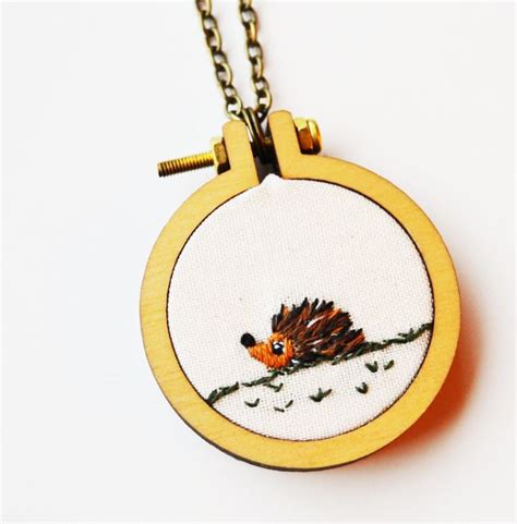 Hand Embroidery Miniature Hedgehog Necklace Or Brooch Hoop Art