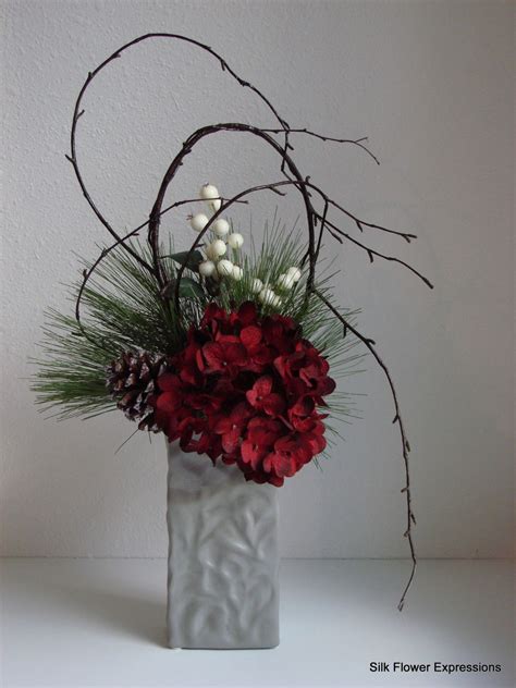Red Hydrangea With Shaped Branches And White Berries Christmas Flower