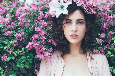 Brunette Woman Portrait Beauty And Pink Flowers In Hair Del