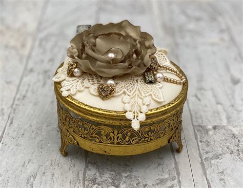 Vintage Handmade Jewelry Box Gold Plated Trinket Box Upcycled Wedding