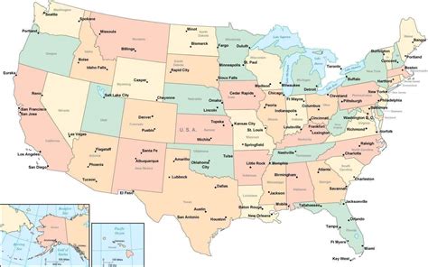 Regions list of usa with capital and administrative centers are marked. Multi Color USA Map with Major Cities