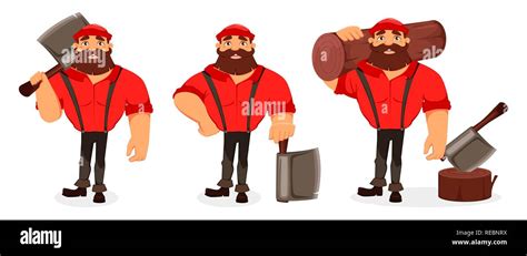 Lumberjack Cartoon Character Set Of Three Poses Handsome Logger Holding Big Axe And Holding