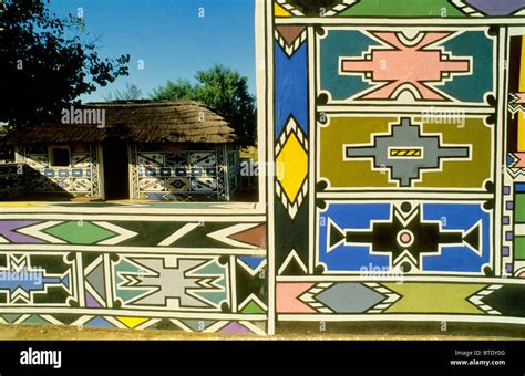 Traditional Ndebele Designs On The Walls At The Ndebele Village Stock