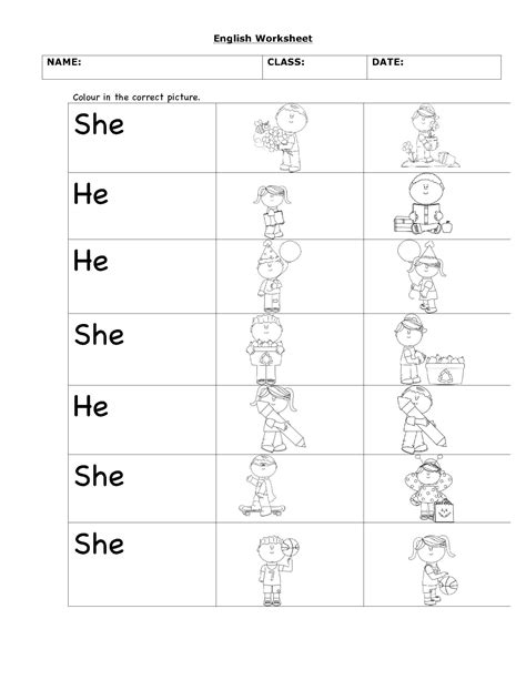 Worksheet To Practise Reading He And She Preschool Rules