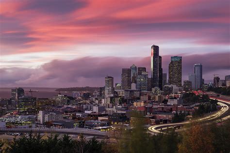 Wallpaper Seattle City Longexposure Sunset Red Storm Skyline