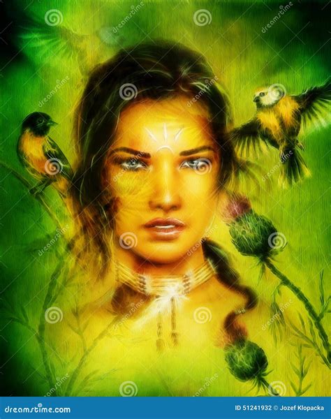 Beautiful Portrait Young Indian Woman Face Birds Stock Illustrations