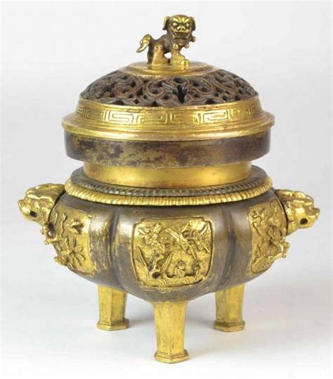 A Chinese gilt bronze censer and cover, having six panels… - Bronze ...