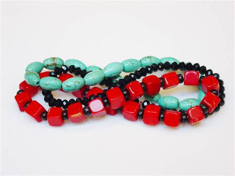 Trio Of Bracelets Turquoise Coral Black Crystal Bright Etsy