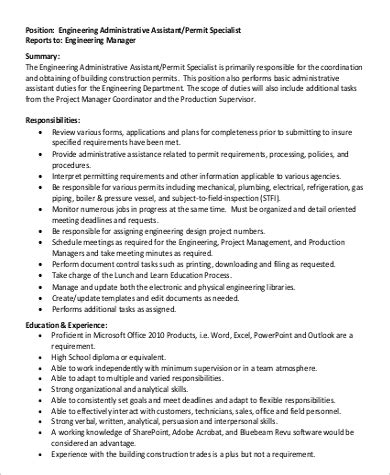 Administrative assistant responsibilities include making travel and meeting arrangements, preparing reports and maintaining appropriate filing systems. FREE 8+ Assistant Engineer Job Description Samples in PDF