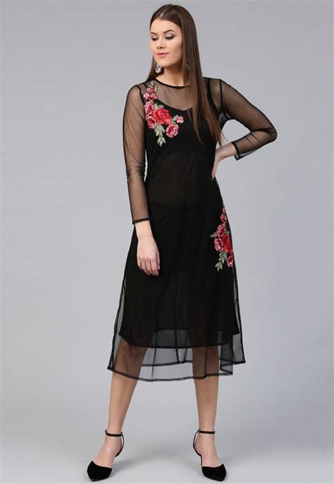 Embroidered Net Midi Dress In Black Tve479