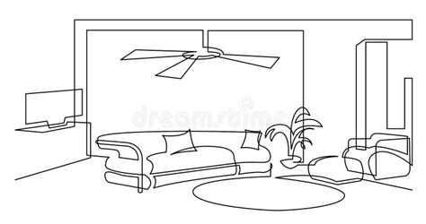 Continuous Line Drawing Of Living Room With Sofa Tv And Armchair Stock