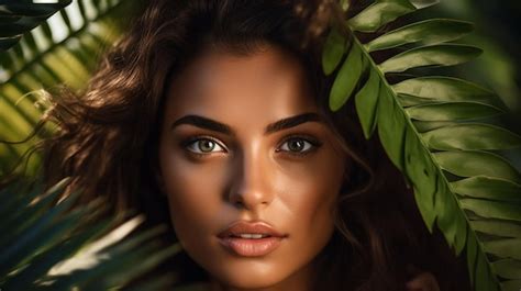 Premium Ai Image Portrait Of Young And Beautiful Woman With Perfect Smooth Skin In Tropical Leaves