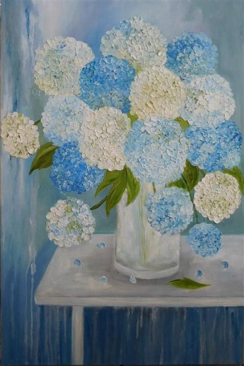 A Painting Of Blue And White Hydrangeas In A Glass Vase On A Table