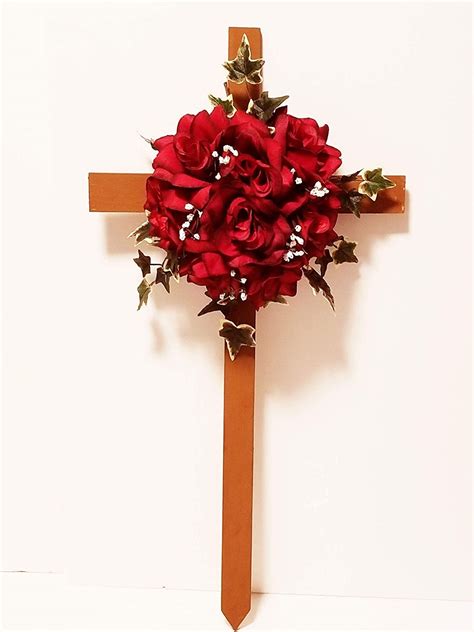 Cemetery Cross Memorial Cross Artificial Red Roses Handmade