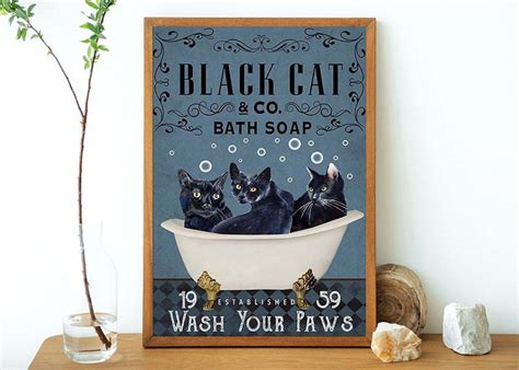 Black Cat Bath Soap Poster Wash Your Paws Poster Bathroom Decor