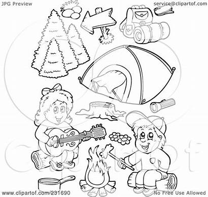 Camping Coloring Collage Items Pages Clipart Outlines