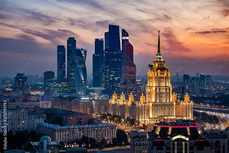 Aerial View Of Moscow City Skyline At Sunset Moscow Russia Stock