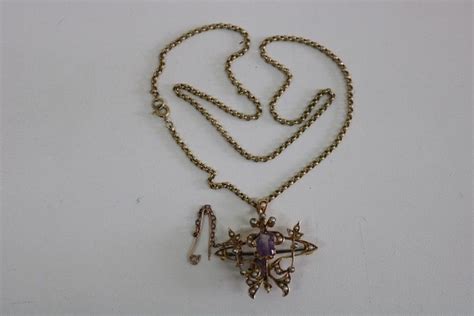 E C Amethyst Seed Pearl Brooch Pendant With Chain Pendants Lockets