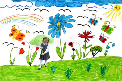 Children S Drawing With Butterflies And Girl Stock Illustration