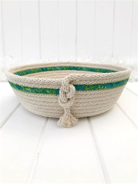 Coiled Rope Bowl Basket With Knotted Feature Green And Blue Etsy
