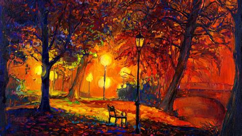 Digital Art Nature Trees Painting Park Bench Lamps Fall
