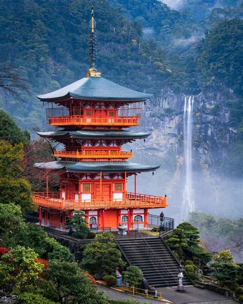 Nachi Waterfall With Red Pagoda Wakayama Japan Nachi Waterfall With