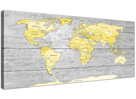 Large Yellow Grey Map Of World Atlas Canvas Wall Art Print Maps
