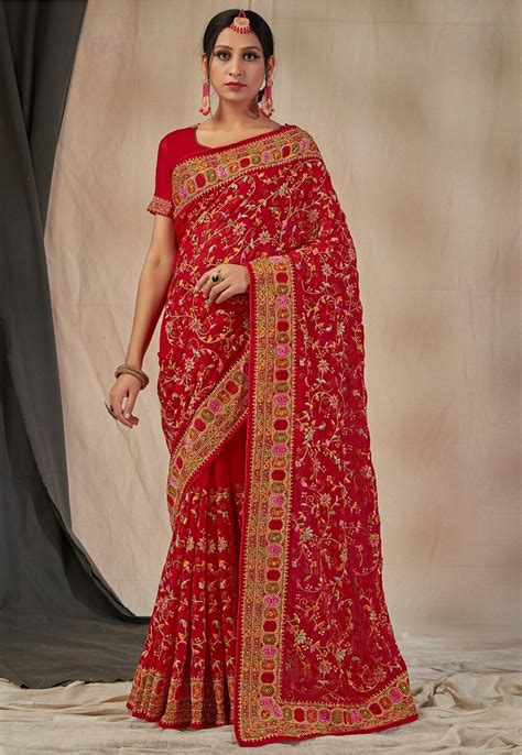 Embroidered Georgette Saree In Red Scba3331