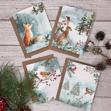 Winter Woodland Animals Christmas Cards 12 Holiday Watercolor Animals
