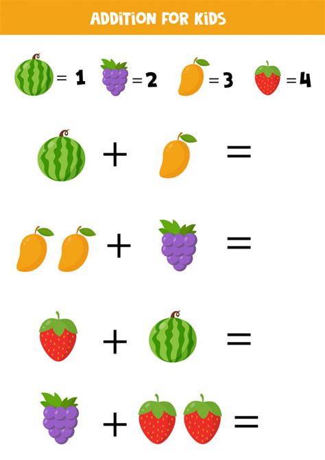 Check spelling or type a new query. Addition with different cartoon fruits. educational math game for kids. basic algebra. printable ...
