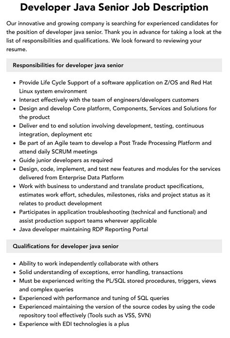 Developer Java Senior Job Description Velvet Jobs