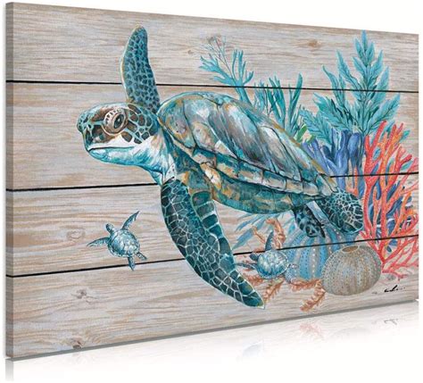 Teal Bathroom Decor Wall Art Beach Turtle Swim Under The Ocean With