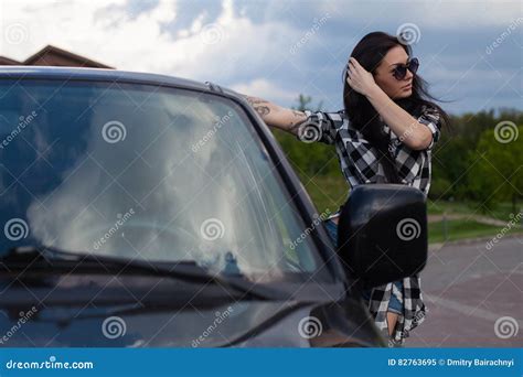 The Woman Is Near A Car Stock Image Image Of Sitting 82763695