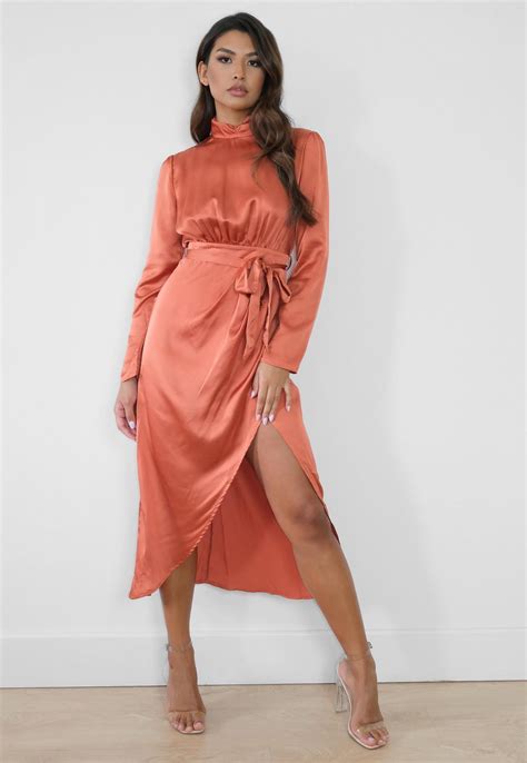 Rust Satin High Neck Wrap Midi Dress Missguided Ireland