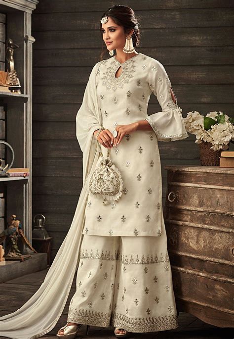 White Georgette Embroidered Palazzo Style Pakistani Suit 30003