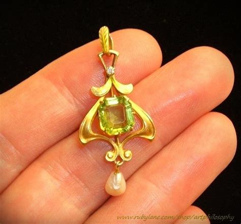Antique Krementz 14k Gold Enamel Diamond Peridot Gemstone Art Nouveau