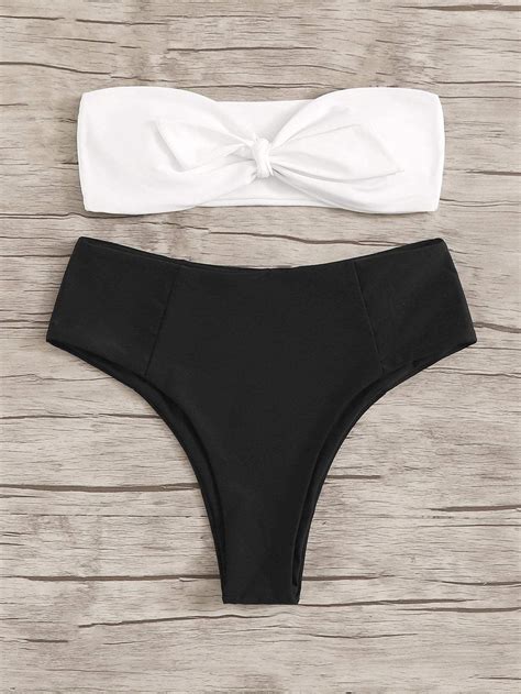 White Twist Bandeau Swimsuit Top With Black High Waist Bikini Bottom