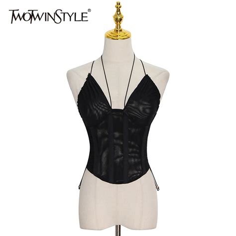 Twotwinstyle Sexy Vest Tops For Women Halter Sleeveless Backless Short Camis Sexy Vests Female