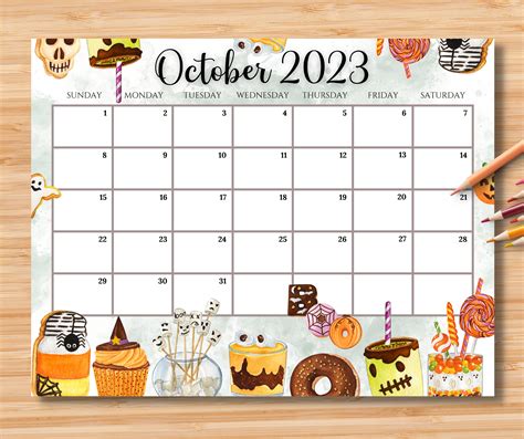 Editable October 2023 Calendar Spooky Halloween With Cute Etsy France