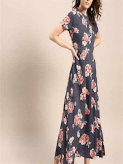 Buy Aks Couture Women Navy Blue And Pink Printed Maxi Dress Dresses For