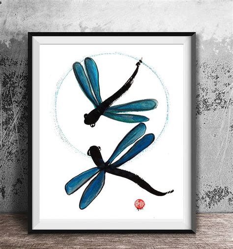 Dragonfly And Moon Enso Zenbrush Painting Art Sumi Ink Etsy