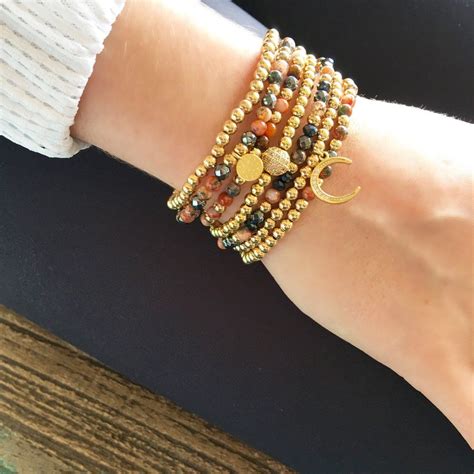Claribelle Gold And Semi Precious Beaded Stacking Bracelets With Pave