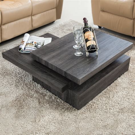 Oak Square Rotating Wood Coffee Table With 3 Layers Home Living Room Furniture
