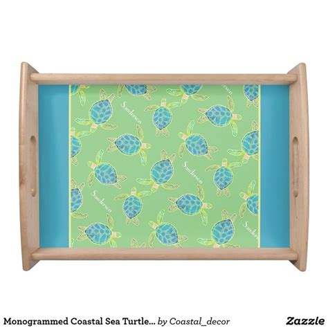 Monogrammed Coastal Sea Turtle Blue Yellow Green Serving Tray Zazzle