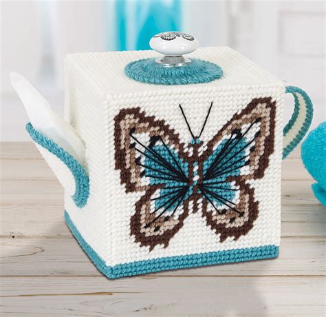 Mary Maxim Butterfly Teapot Tissue Box Cover Plastic Canvas Kit