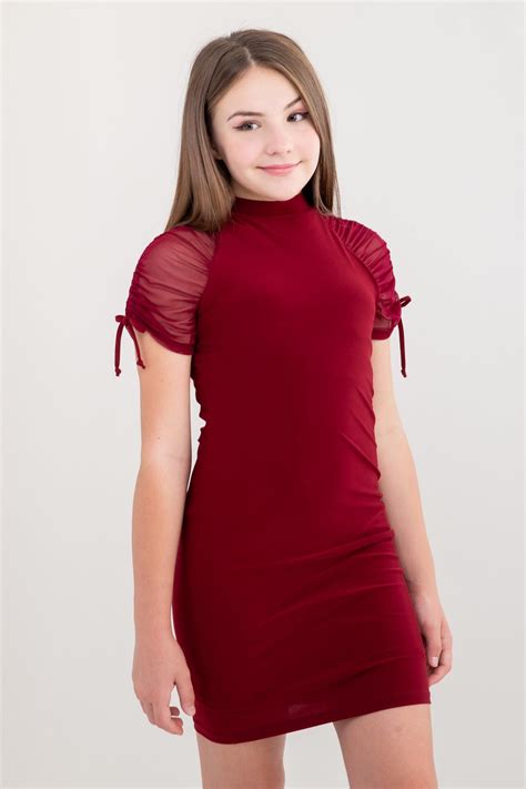 Tween Girls Burgundy Mesh Ruched Dress In Longer Length Close Up View