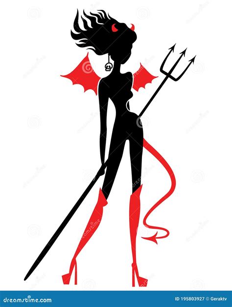 Devil Woman With Long Hair Black And Red Silhouette Isolated On White Stock Vector