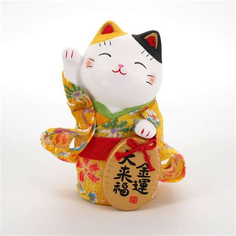 Gato Manekineko In Ceramica Naranja Kimono Kinun Pata Derecha