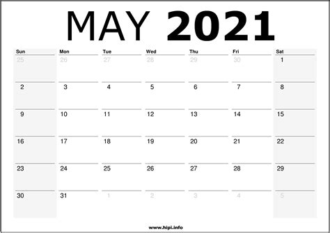 May 2021 Calendar Printable Monthly Calendar Free Download Hipi