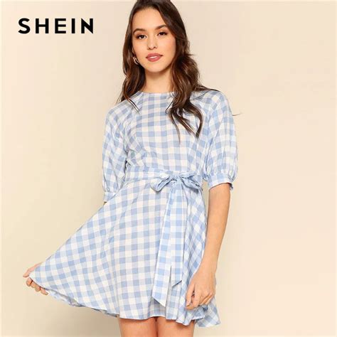 Shein Raglan Sleeve Self Belted Gingham Women Casual Dress 2019 Spring